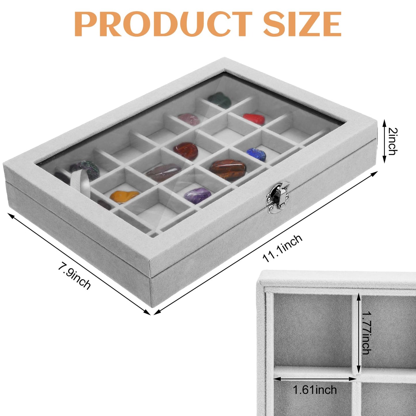 Misdary 2 Pack Rock Collection Box for Kids 24 Velvet Grid Rock Display Case Collectible Organize Your Gemstone in 24 Grid Crystal Holder for Stone Display with Glass Lid