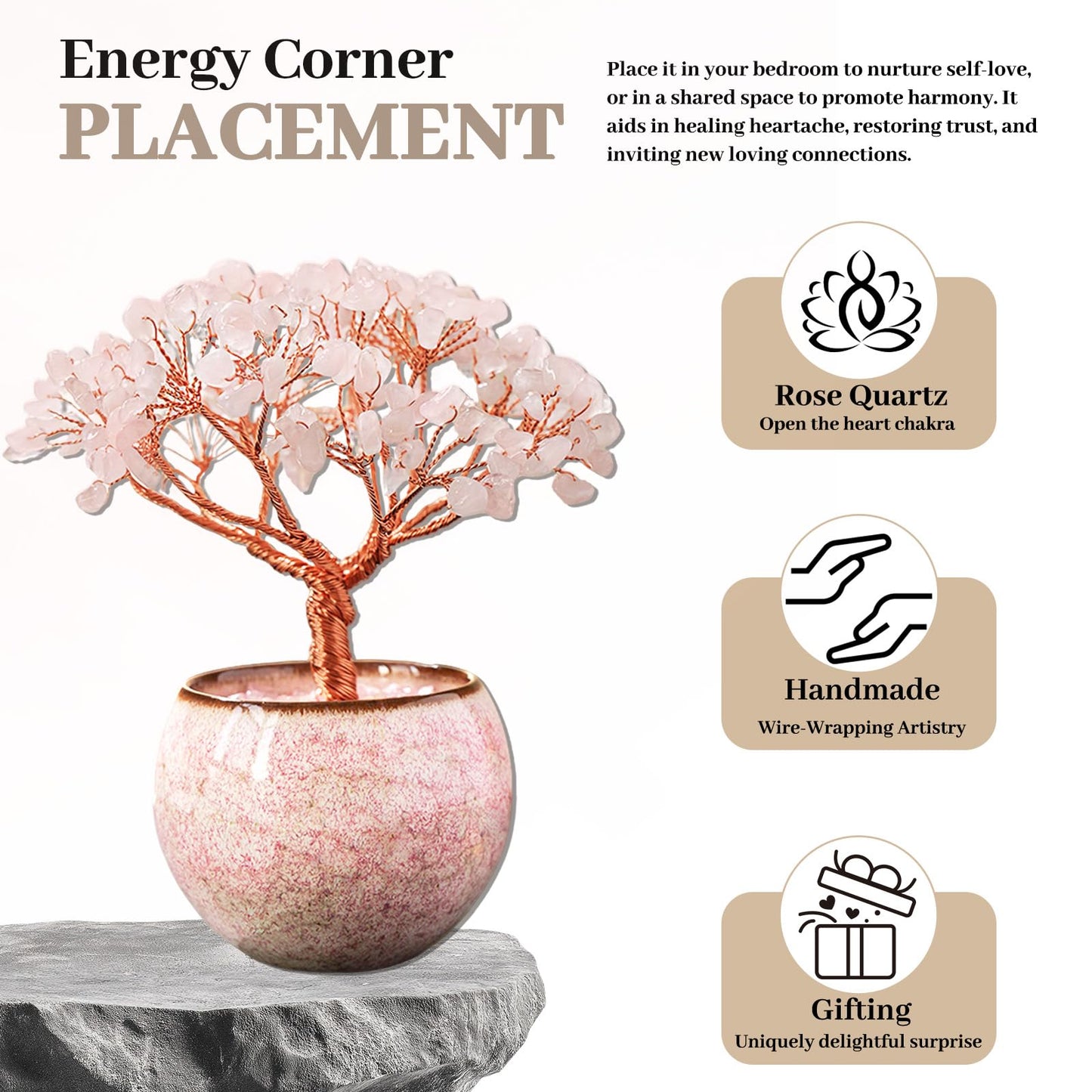 Runyangshi Crystal Tree of Life - Natural Rose Quartz Gemstone Tree, Handcrafted with 216 Crystal Gravel, for Feng Shui, Luck, Prosperity, Abundance, Home Decor, Spiritual Gift for Women
