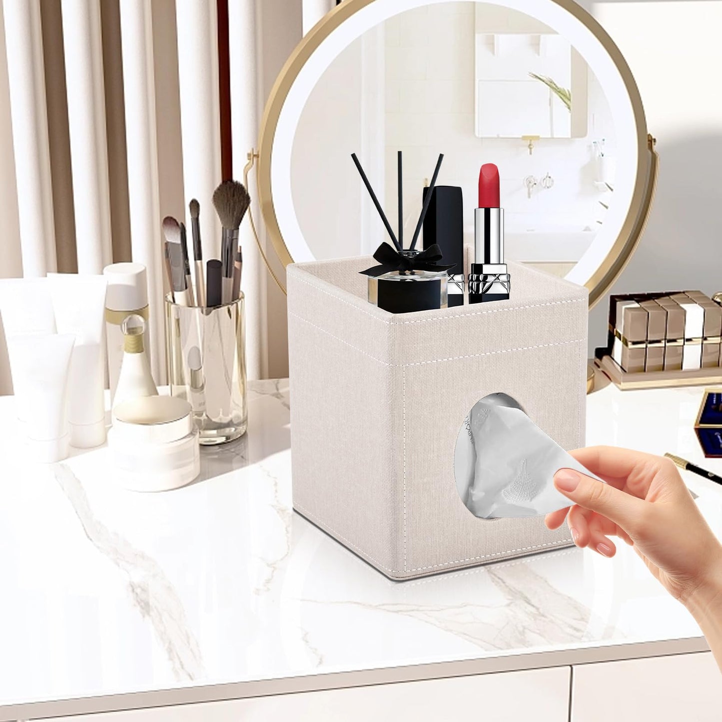 XNONE Tissue Box Cover with Storage Tray Square Tissue Box Holder PU Leather Facial Tissues Organizer Tray for Bathroom Vanity Bedroom Office Car,Stylish Napkin Caddy Decorative Organizer,Beige