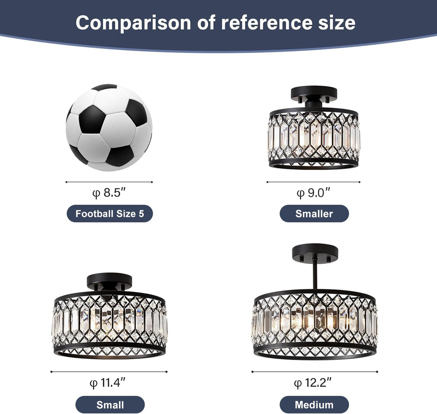 Pevfah Crystal Black Ceiling Light, Modern Semi Flush Mount Ceiling Lighting Fixture, Round Hallway Lighting Fixtures Chandelier for Kitchen Entryway Bedroom Dining Room, 3-Light, 12.2 Inch