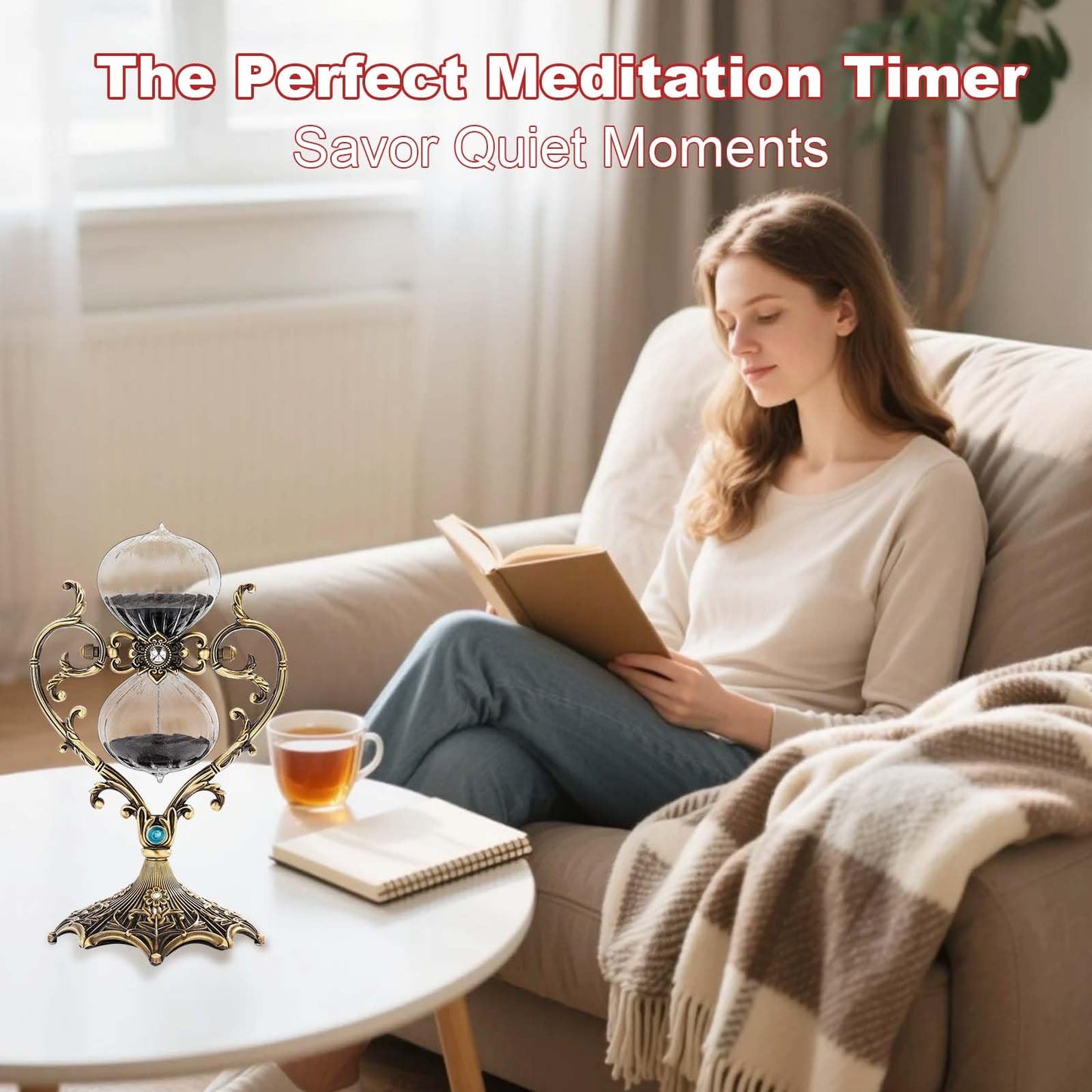 60 Minute Hourglass Timer, Vintage Engraving Large Rotating Sand Timer Clock, Unique SandWatch 60 Min, Antique Brass 1 Hour Glass Sandglass for Home, Desk, Office (Black)