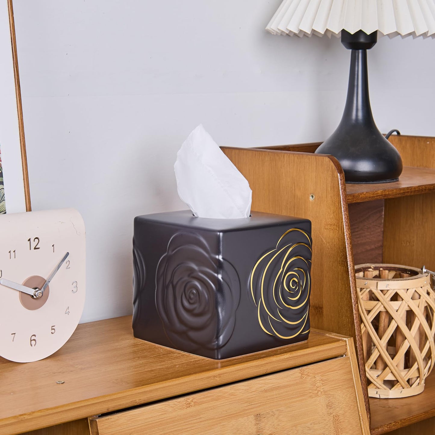 Black Ceramic Cube Tissue Box Cover with Gold Rose – Large Elegant Rose Floral Square Decorative Tissue Box Holder for Bathroom, Bedroom, Office Desk, Kitchen Counter – Perfect Housewarming Gift