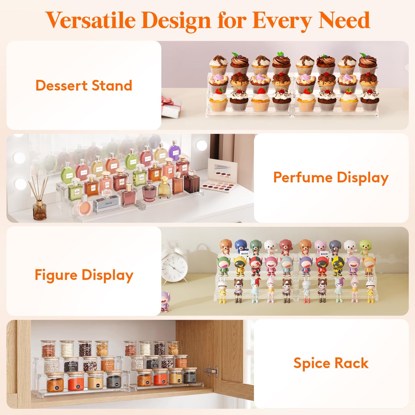 Lifewit Spice Rack, Perfume Cologne Organizer, Cupcake Stand, Tool-Free Assembly, Display Riser Shelf, Seasoning Figurine Makeup Holder, Room Decor, Kitchen Cabinet Storage, Clear, 12in-3 Tier, 2 Pcs