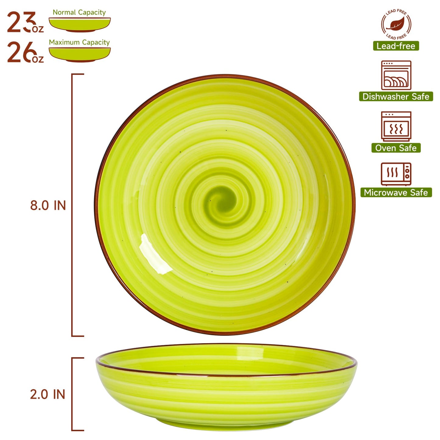 KitchenTour Pasta Bowls, Ceramic Salad Bowls Serving Bowl Set 26 oz, 8 Inch Colorful Porcelain Wide and Shallow Bowls Set - Dishwasher and Microwave Safe - Set of 6
