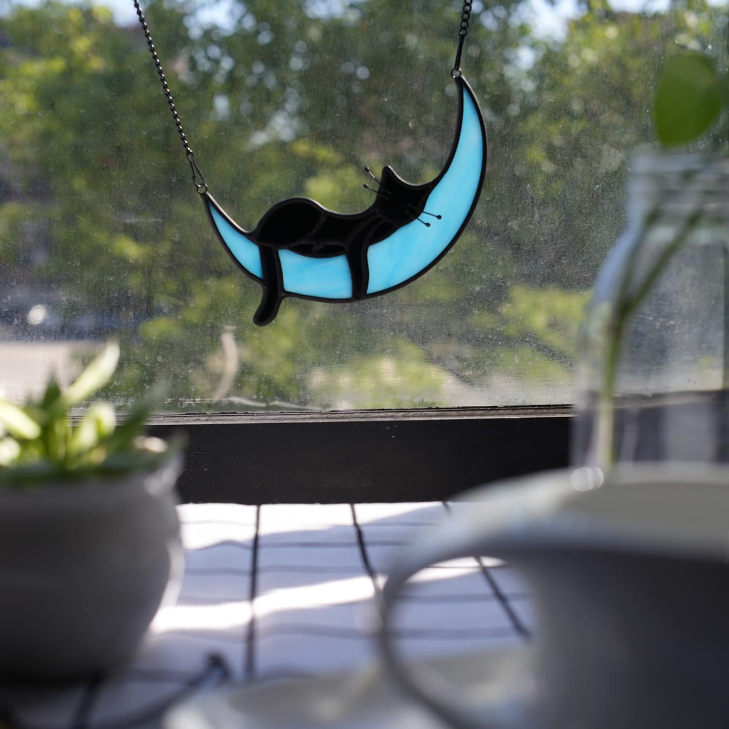 BOXCASA Black Cat Moon Suncatcher Stained Glass Cat Witchy Gift for Women