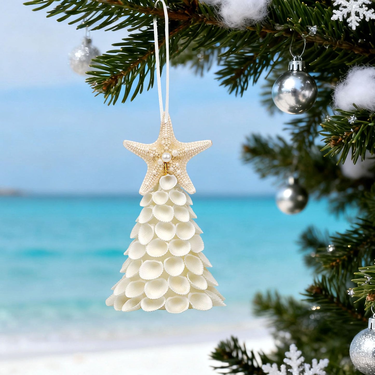 Small Seashells Christmas Tree Ornament - Handmade Natural White Sea Shells Ornament, Beach Christmas Tree for Beach Coastal Home Xmas Decor, Party Birthday Gift, Small Figurines Christmas Tree