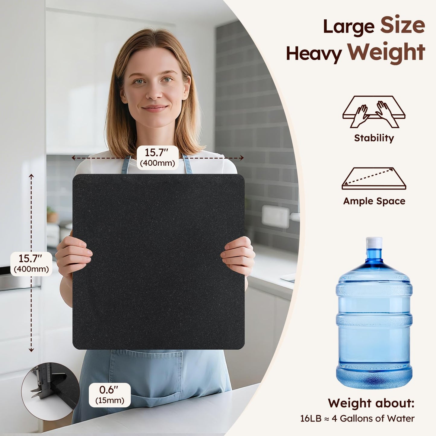 Diflart Natural Stone Cutting Board for Kitchen, 16x16 Inch, Black, Granite Slab Pastry Board Large with Non-Slip Feet for Backing, Cheese, Chocolate, Pack of 1 Piece