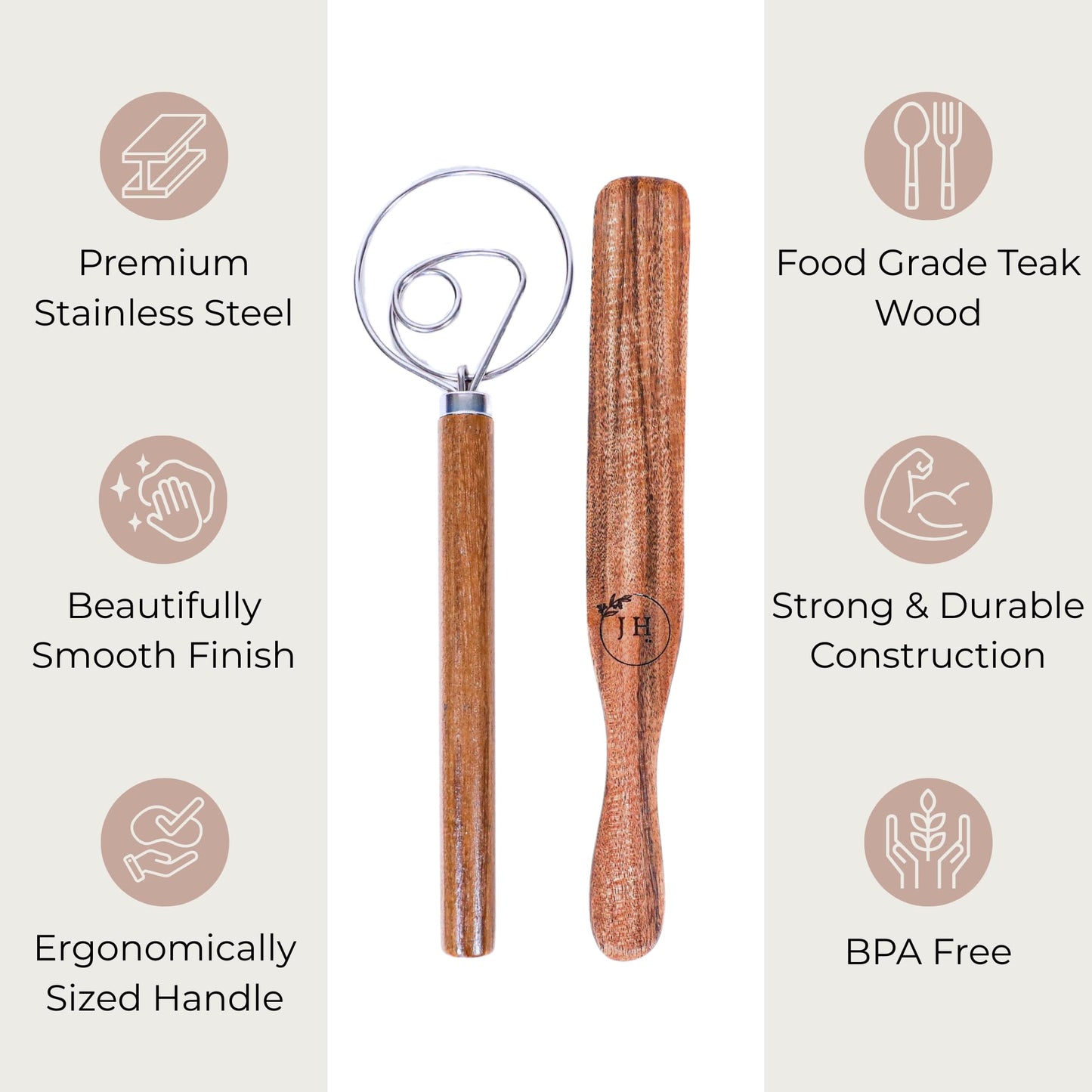 Dutch Dough Whisk & Teak Spurtle Set; Premium Stainless Steel Sourdough Whisk, Wooden Starter Jar Spatula; Sourdough Bread Baking Supplies for Home Bakers; BPA-Free, Bread Making Tools