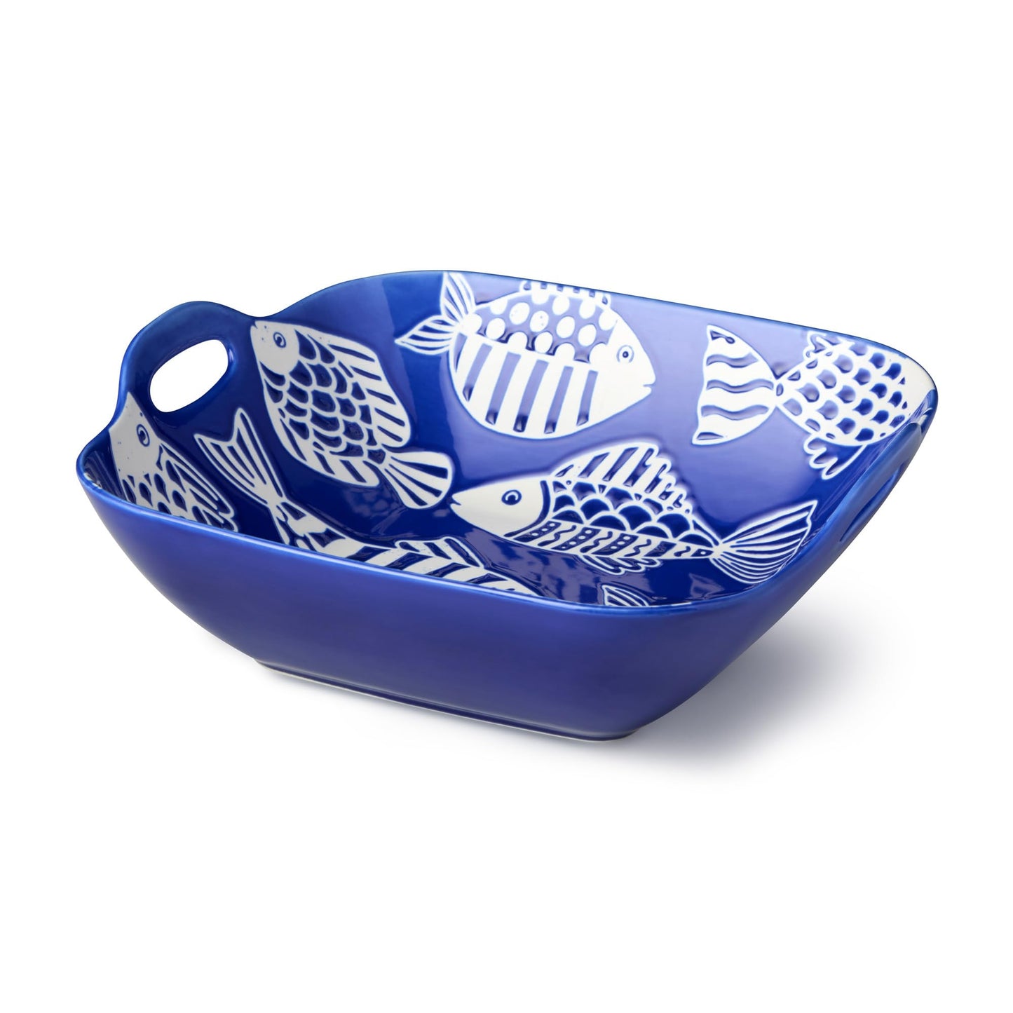 Fish Tale Porcelain SQUARE BOWL With HANDLES – Coastal Blue Fish Pattern Serving Bowl for Salads, Pasta & Family Style Meals
