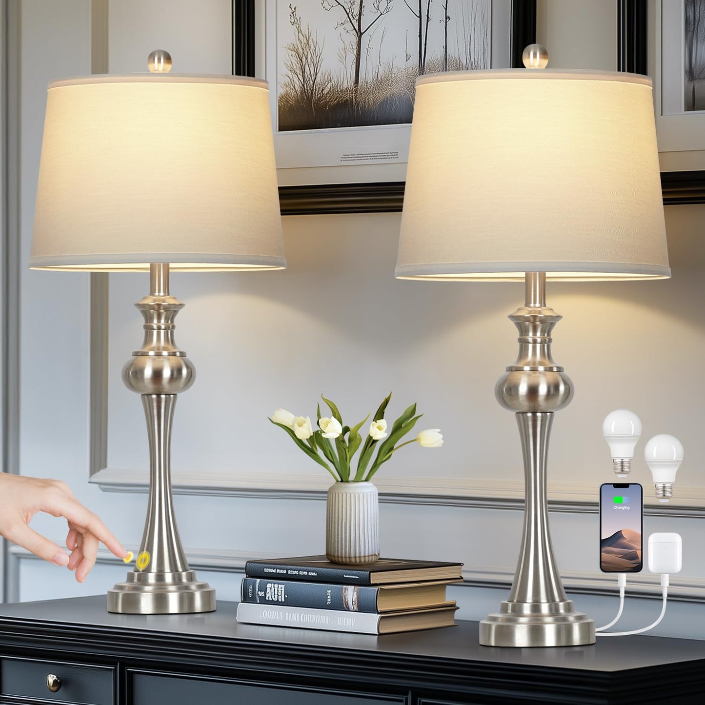Cinyirong 28.75" Silver Table Lamps for Living Room,Touch Lamps for Bedrooms Set of 2 - Nightstand Table Lamp with USB C+A, 3 Way Dimmable Bedside Lamps End Tables Brushed Nickel