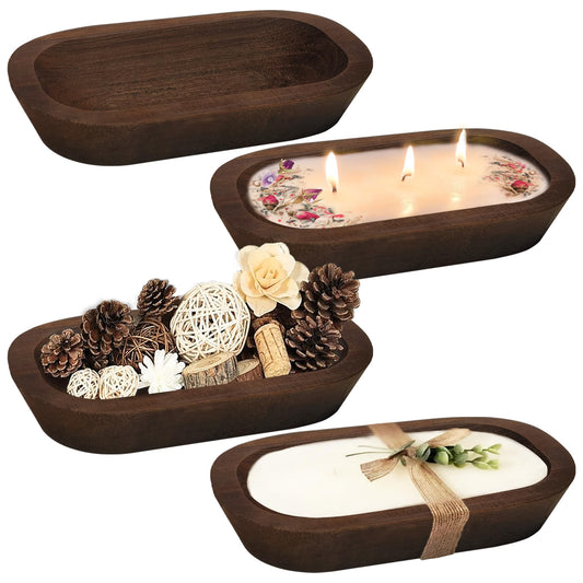 Royxen 4 Pack Dough Bowl for Candle 9.5 x 5.5 Inch, Wooden Dough Bowls Paulownia, Rustic Bowl Vintage, Dough Bowl Decor for Candle, Brown