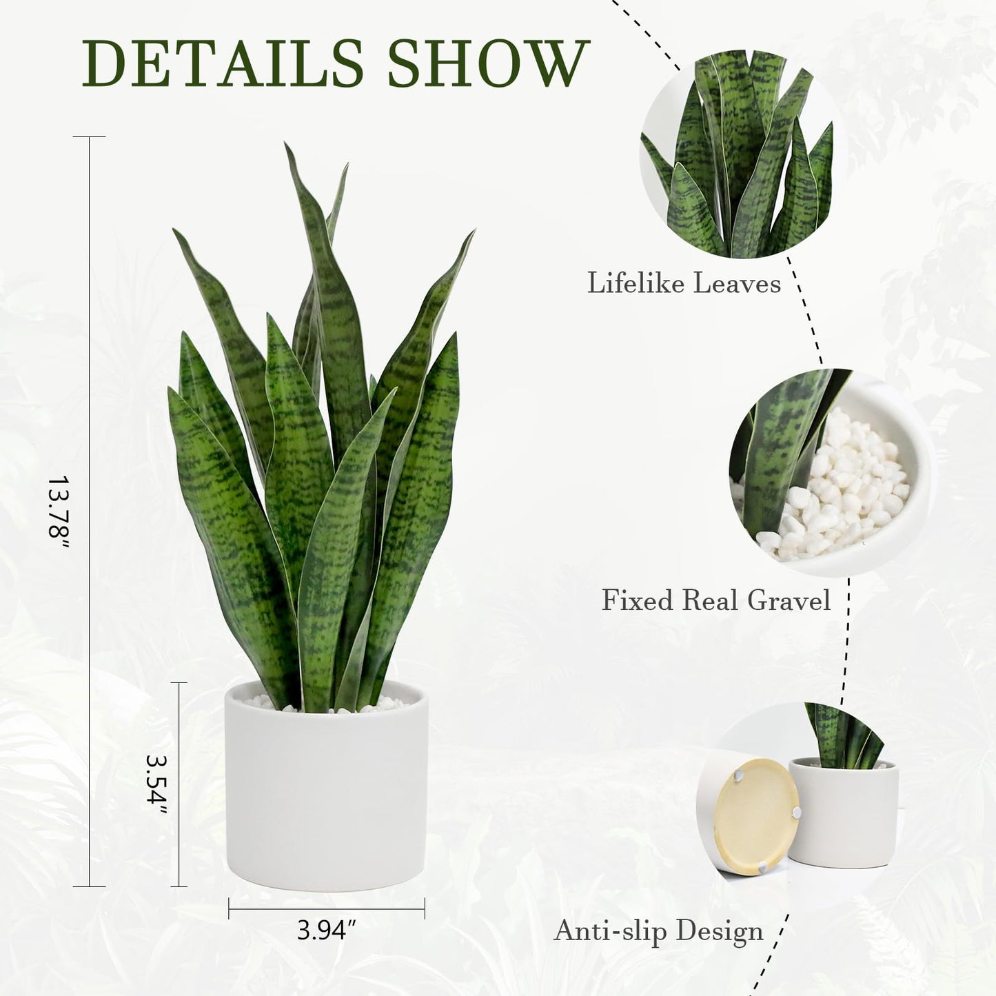Anewsun Faux Plants, Artificial Snake Plant Set of 2, Faux Snake Plant with Pure White Ceramic Pots, Fake Sansevieria for Home Decor Indoor, Office, Living Room, Housewarming Gifts