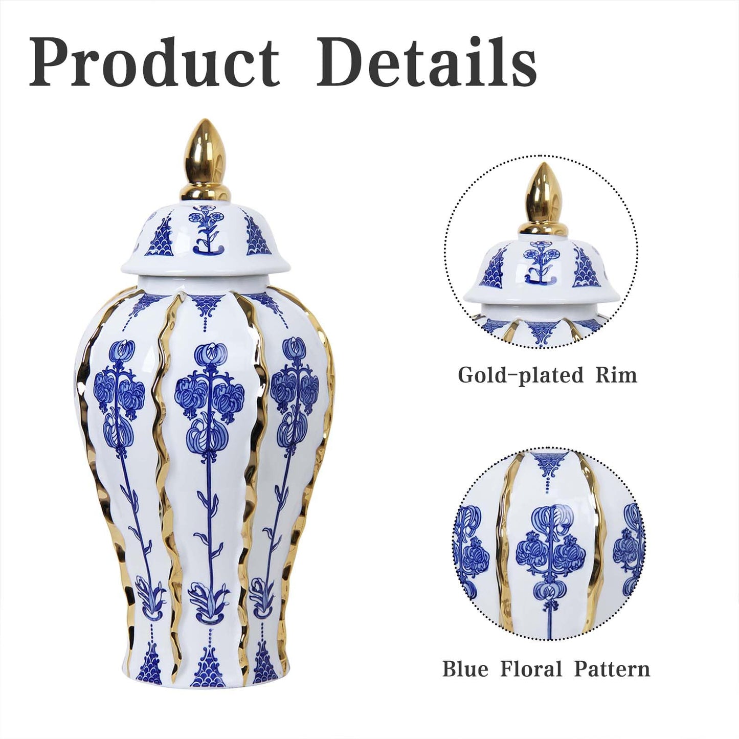 Siqiyangly Blue and White Ginger Jar with lid, 18 Inch Large Ceramic Vase for pampas grass, Luxury Home Decor White Gold Tall Flower Vase for Living Room Kitchen Centerpiece, Hotel Wedding Decor