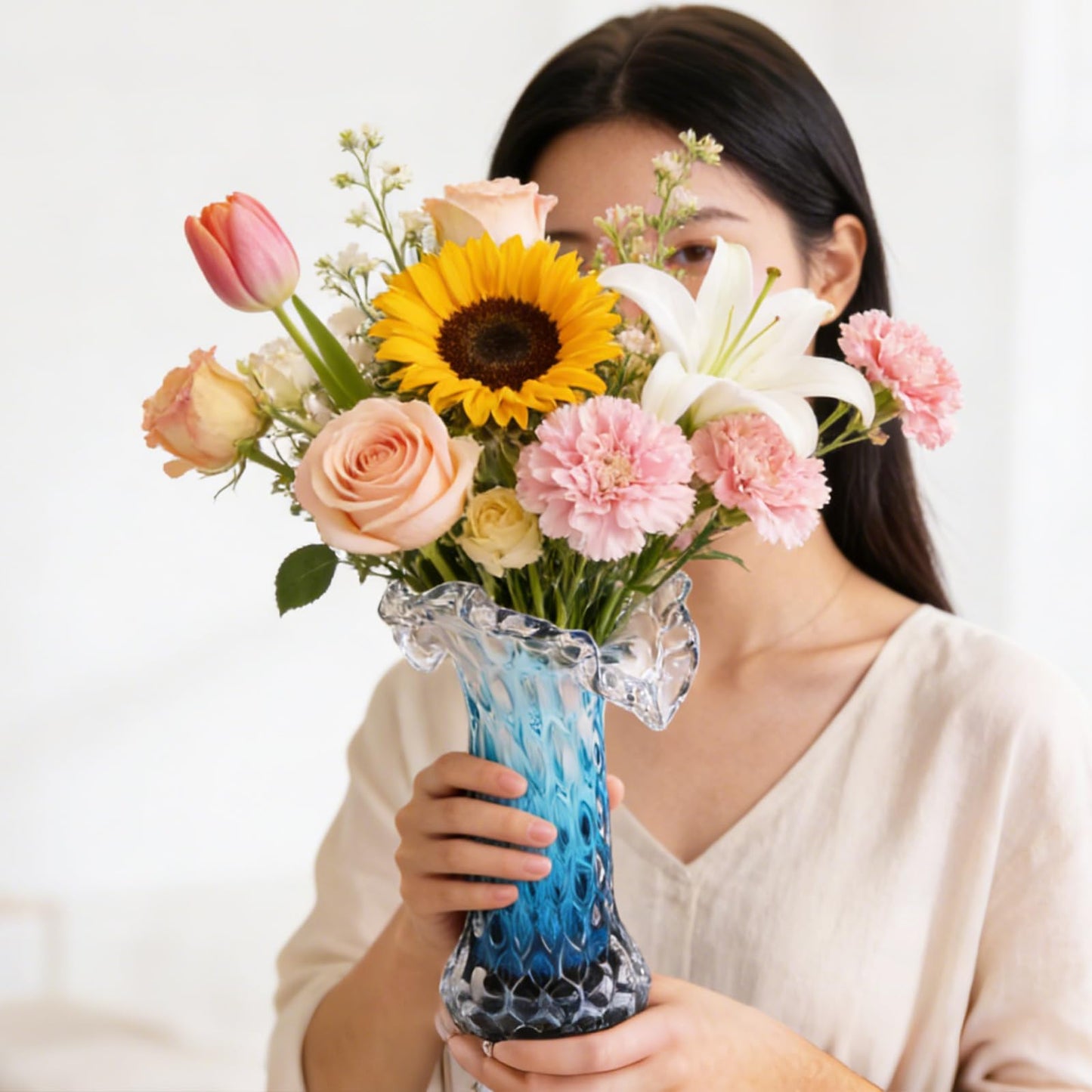 Unique Waves Hand Blown Crystal Glass Vase - Blue Gradient Flower Vase for Home Decor& Living Room Table, Centerpieces & Gift