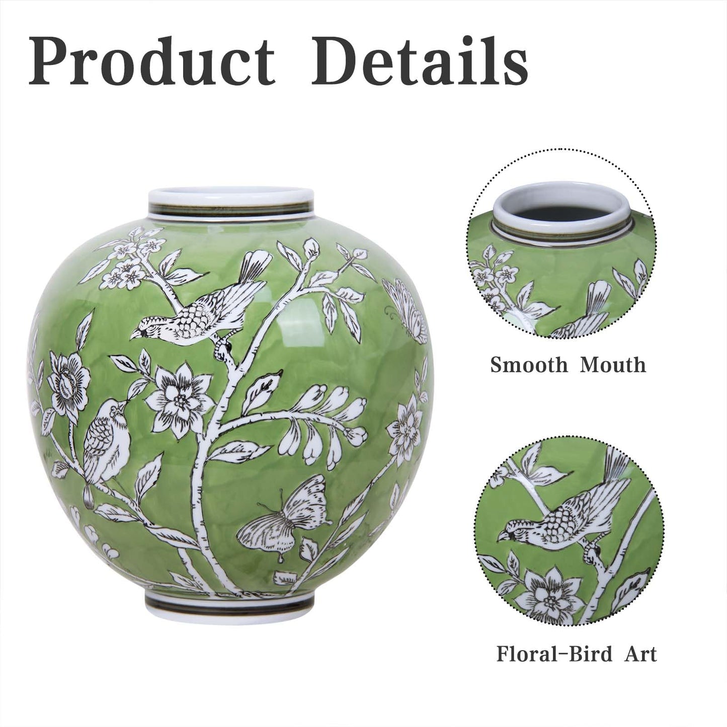 Large Ceramic Vase, 10.8 Inch Green Decorative Vases for Living Room, Hand-Painted Chinoiserie Decor Round Vase with Antique Floral-Bird Pattern, Porcelain Vase for Flowers Arrangement