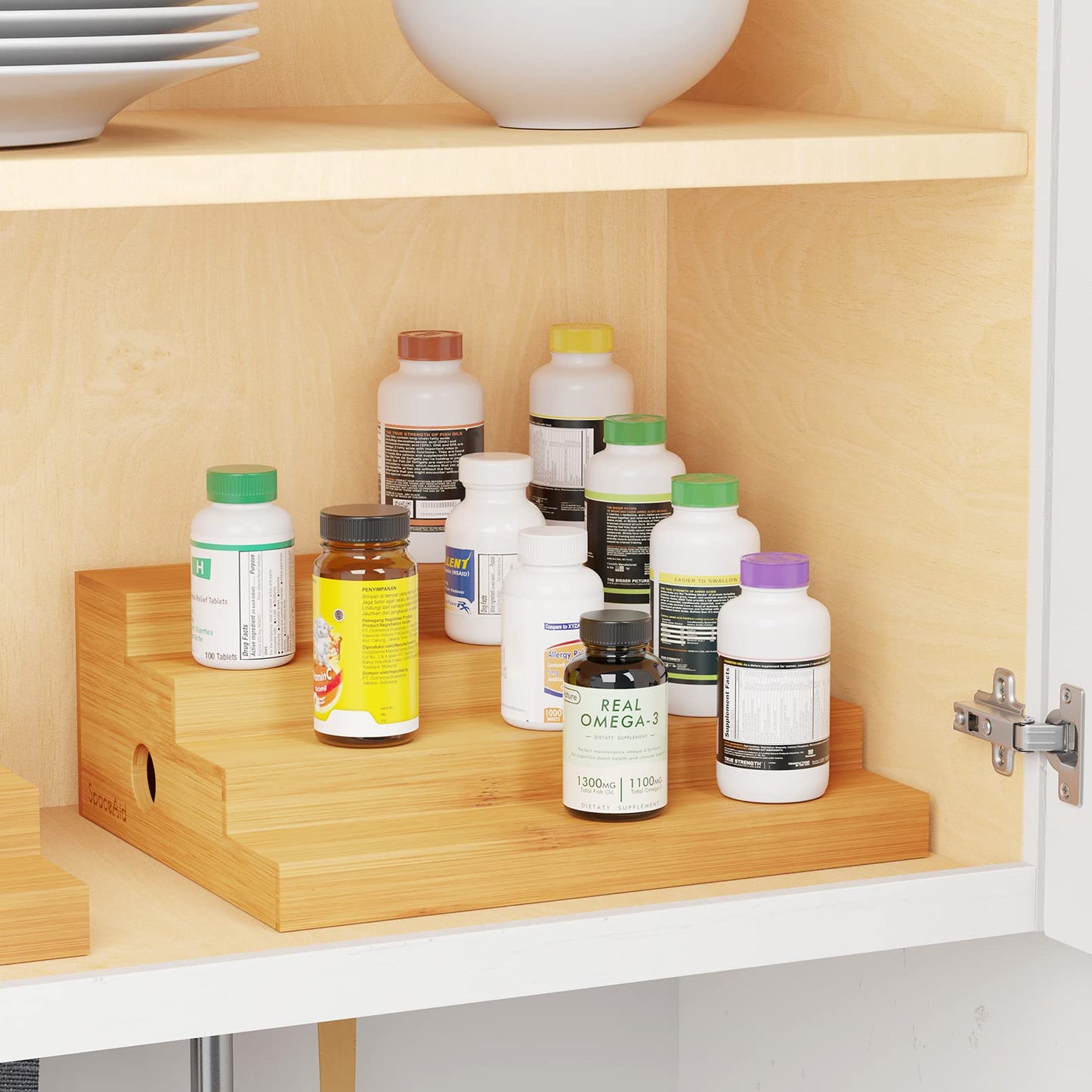 SpaceAid 4 Tier Bamboo Spice Rack Organizer for Cabinet, Kitchen Pantry Spices Storage Rack for Cabinets Organization, Home Seasoning Tiered Can Goods Racks Wood Shelf Organizers (4 Tier, Natural)