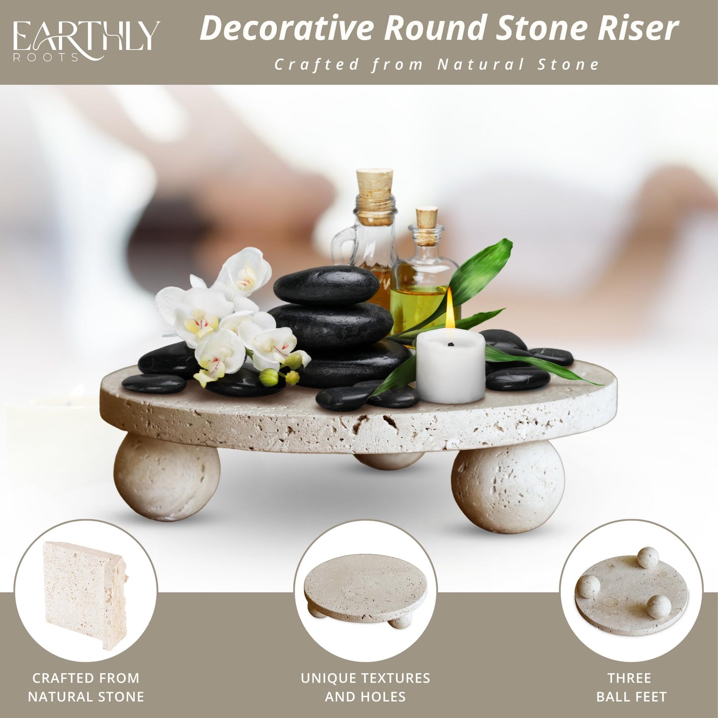 100% Natural Travertine Footed Tray – Round Stone Display Pedestal Stand Riser with 3 Ball Legs, Neutral Decorative Catchall for Vanity, Kitchen, Bathroom, Living Room, Soap, Perfume, Candle, 7.9''