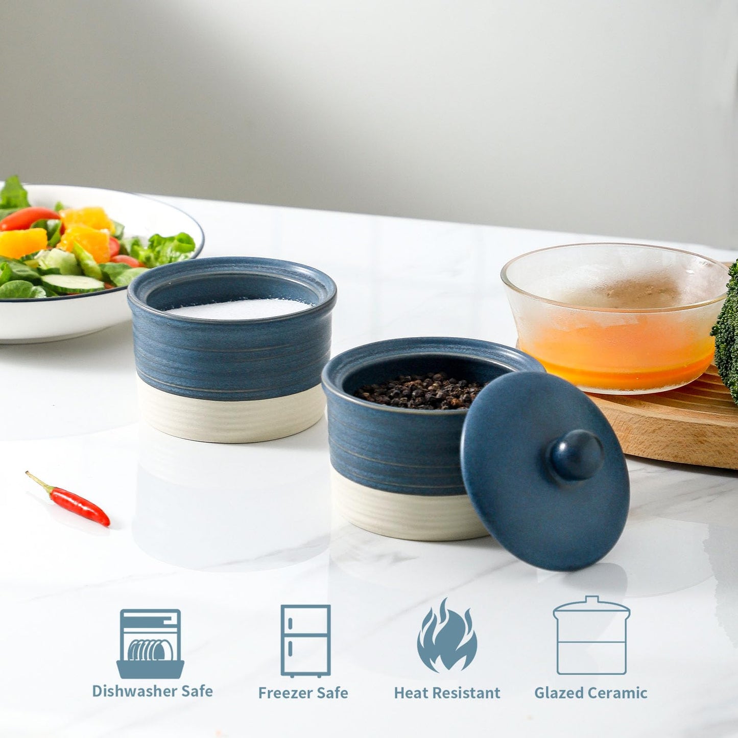 Hasense Salt Cellar Set, Ceramic Salt Box with Lid, 9 oz Stacked Salt Pepper Container for Countertop, Small Spice Bowls for Salt Pepper Sugar, Christmas Gift Ideas, Set of 2, Deep Blue