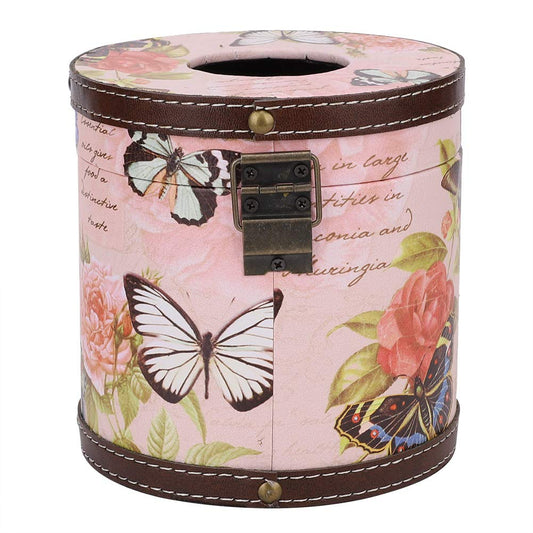 Alvinlite Wooden Tissue Box Cover Round Retro Vintage Napkin Holder Pumping Paper Case Dispenser PU Facial Tissue Box for Home Office Car Decoration(Pink)