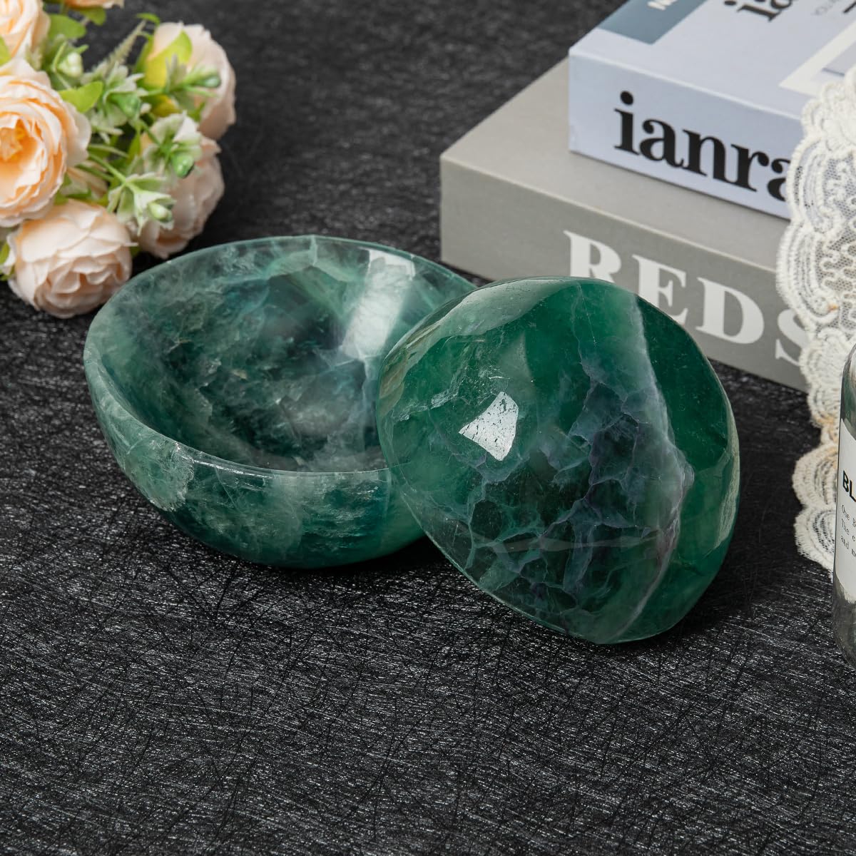 MOGEMT Large Green Fluorite Crystal Bowl Hand-Carved Round Fluorite Crystals Gemstone Bowl Reiki Healing Home Decoration Gift 4-4.5"