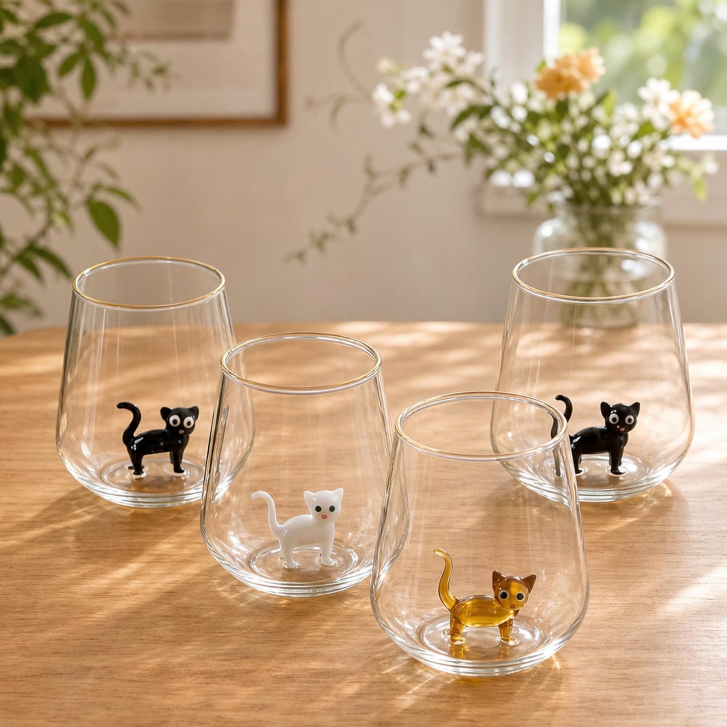 Hushee 4 Pcs Cat Figurine Glass Cup 16oz 3D Animal Cup Novelty Gift for Cat Lover Cute Stemless Coffee Tea Wine Glasses for Women Mom Her Wife Holiday Birthday Housewarming