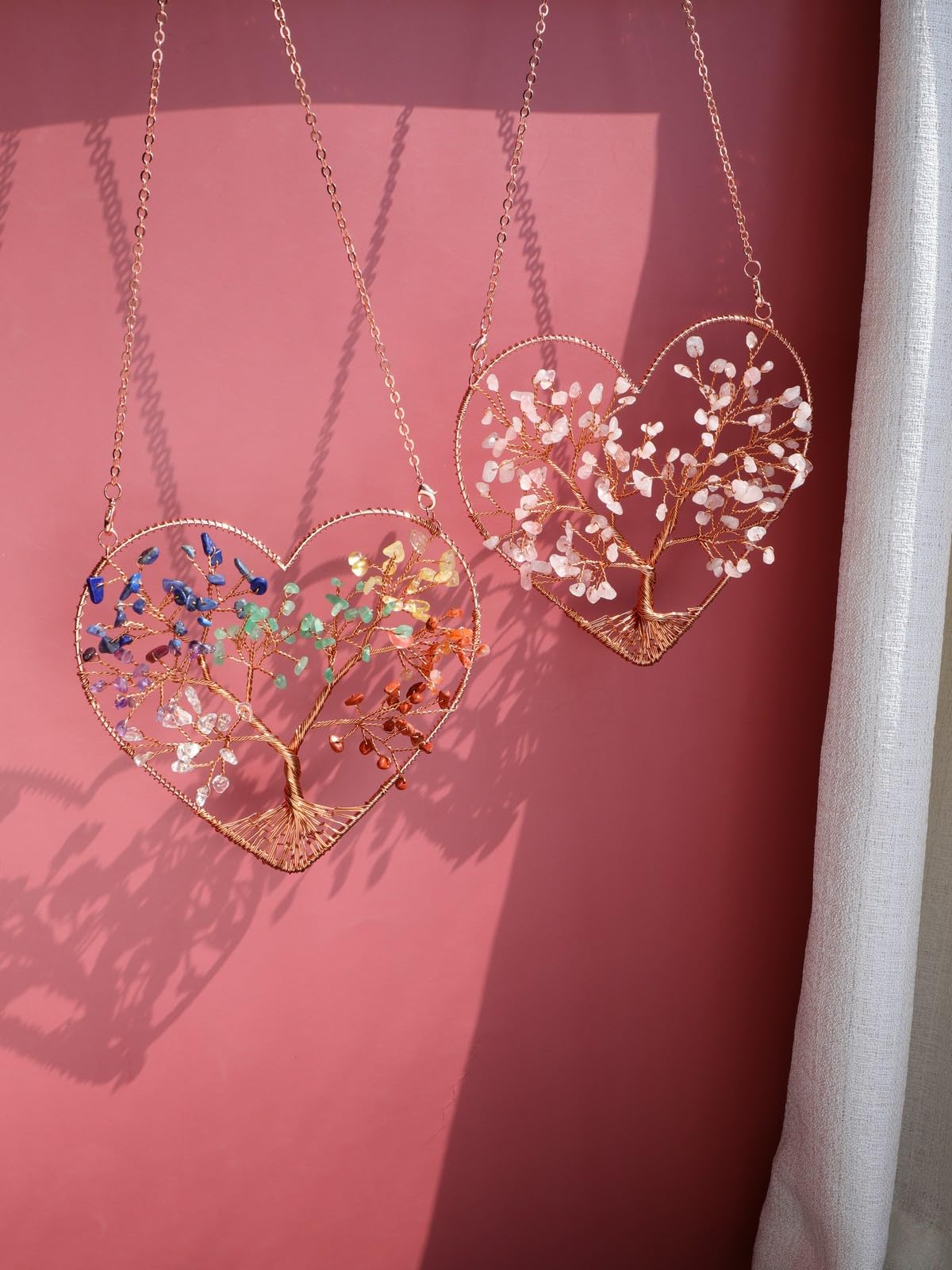 Jovivi Rose Quartz Heart Crystal Tree Hanging