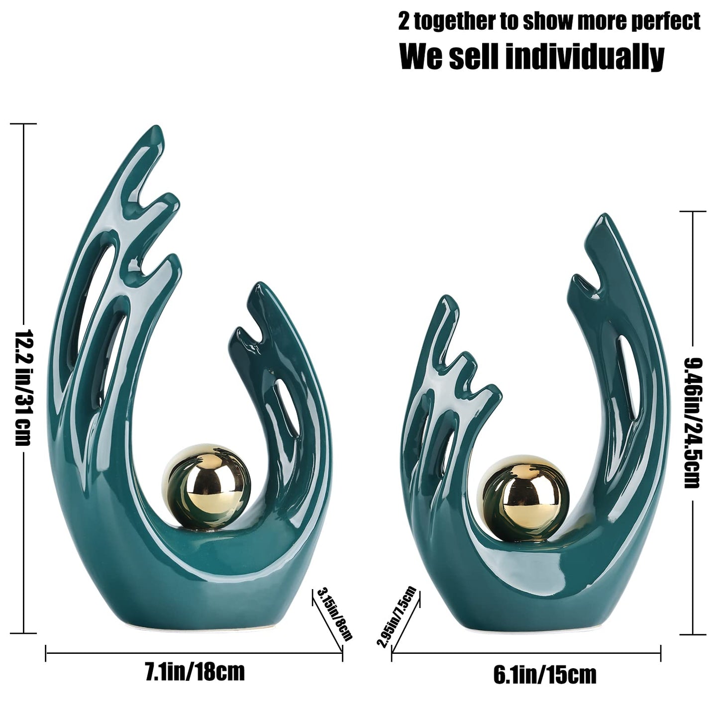 LCCCK 12" H Teal Gold Aesthetic Room Decor Accent, TV Stand Funky Table Centerpiece, Abstract Art Ceramic Statue and Sculpture, Teal Decor for Living Room, Bookshelf Decorative Objects, Shelf Decor