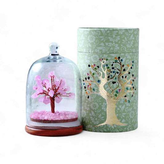 VINTAGE VOGUE Rose Quartz Healing Crystal Tree in Glass Dome – Handmade Gemstone Bonsai for Love, Positive Energy & Feng Shui | Elegant Home & Office Décor | Aesthetic Gift for Meditation & Healing