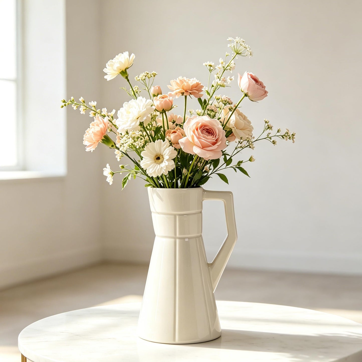 BosilunLife White Ceramic Vase with Handle, 7.87 Inch Tall Decorative Flower Vase for Bouquets, Glazed Farmhouse Vase for Living Room, Dining Table, Entryway and Shelf Decor
