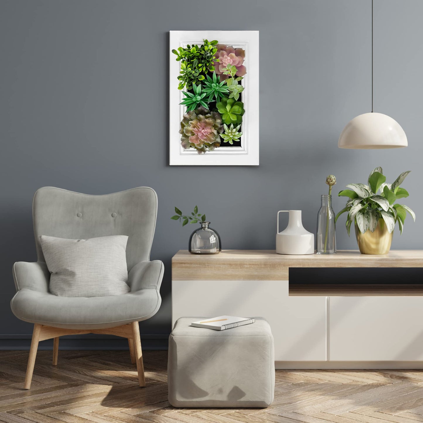 Nattol 3D Artificial Succulent Wall Art, Wood Frame with Realistic Faux Plant, Wall Hanging Botanical Decoration, Home Decor Idea for Vertical Garden and Fake Plants, White