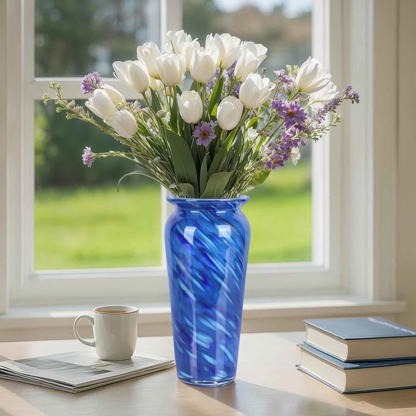 Blown Glass Blue vase, Blue Home Decor, Modern Art Wide Mouth vase for Living Room Dining Table Coffee Table entryway TV Stand nightstand Centerpiece.
