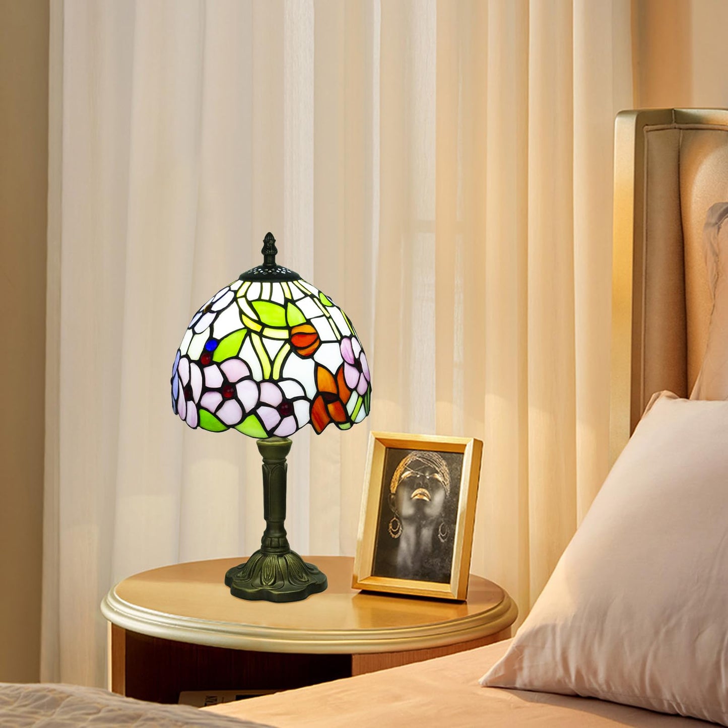 Crefotu Tiffany Style Table Lamp, 3 Color Temperatures Bedside Lamp, 8 Inch Stained Glass Desk Light for Home Office Bedroom Living Room (Four-Leaf Flower Pattern)