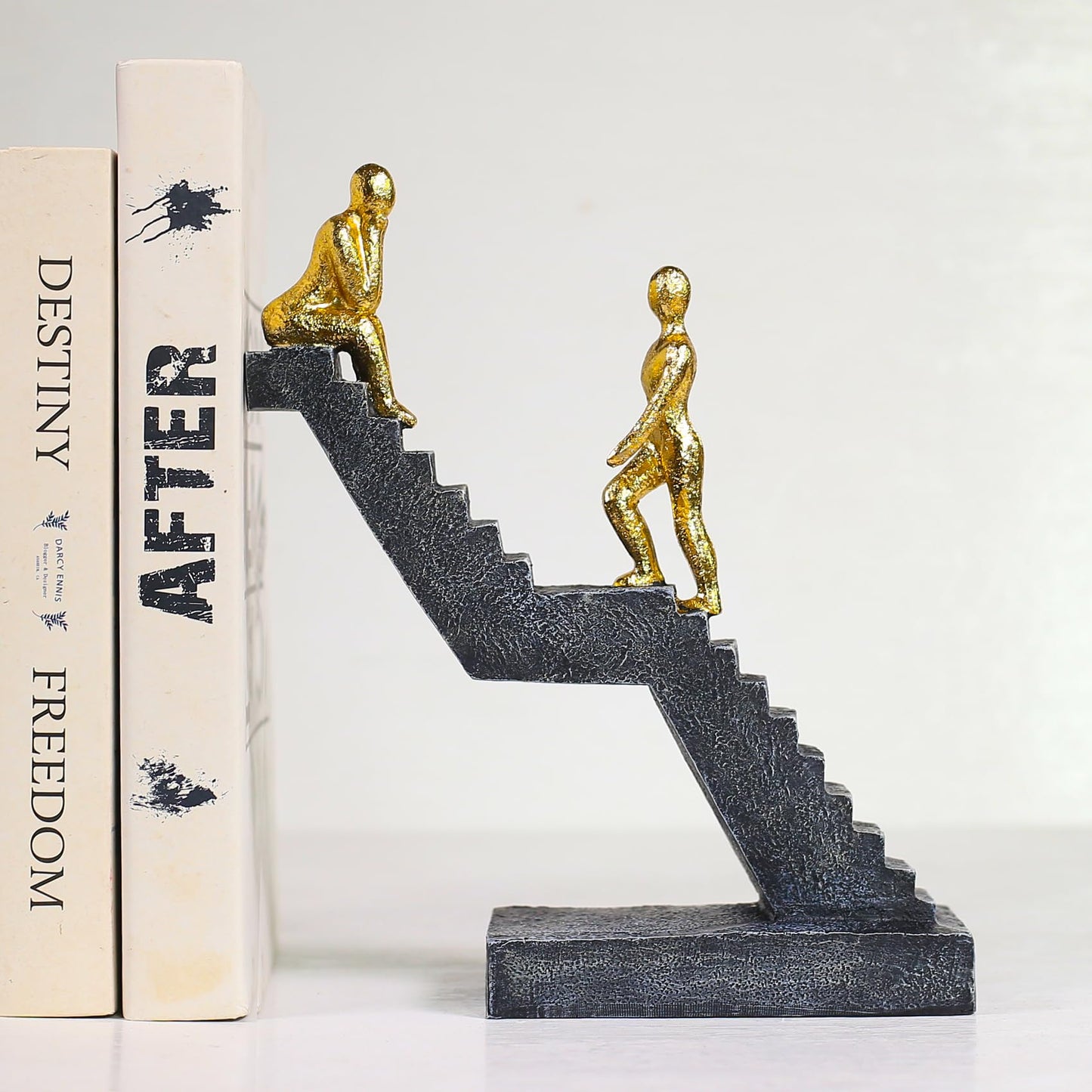 Hebdids Modern Staircase Sculpture, Gold Figures on Black Steps, 8.66 x 7.09 x 2.56 inches, Contemporary Art Decor