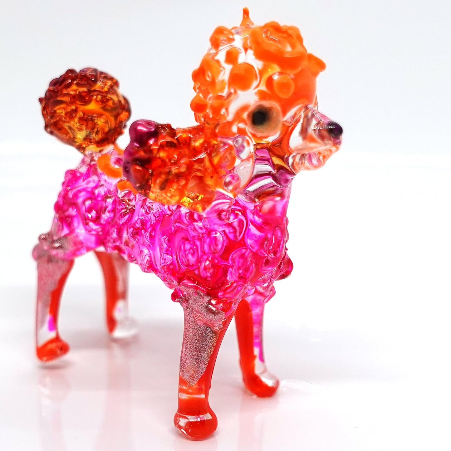 Sansukjai Poodle Glass Handmade Figurine - Painted Blown Glass Dog Sculpture with Layered Eyes - Miniature Collectible Pet Decor Gift for Dog Lovers (Pink Orange)