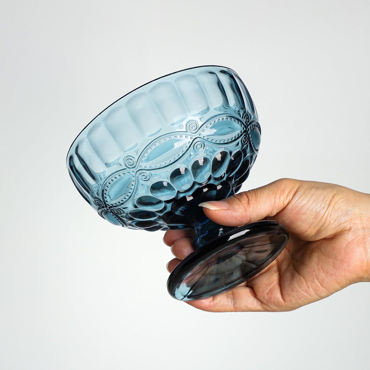 Gaolinci Vintage Line Embossed Glass Footed Dessert Bowl Ice Cream Bowl Trifle Bowl Salad Bowl Candy Cake Bowl for Home Party Wedding, 12 Oz