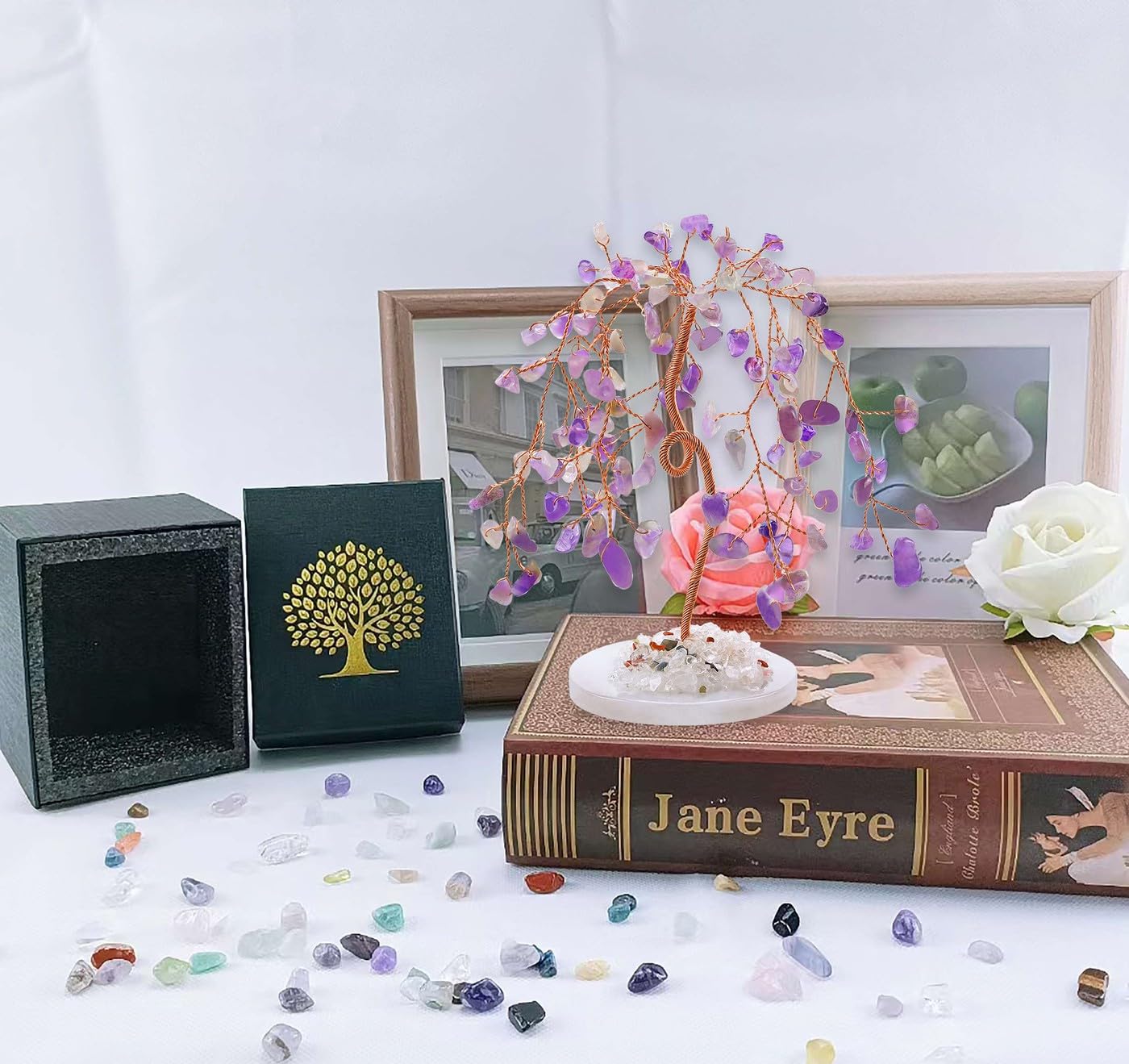 LAIDANLA Amethyst Natural Healing Crystal Tree - Reiki Money Agate Base Copper Wire Life Feng Shui Energy for Home Office Desk Room Decor Meditation Good Luck Gift