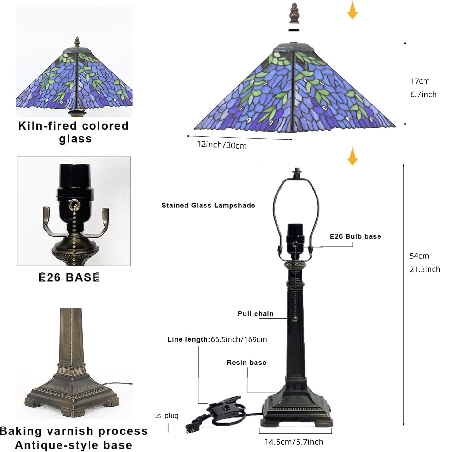 TFNTCYG Tiffany Style Table Lamp,Wisteria Stained Glass Lamp,12x12x22 Inch Resin Base Antique Bronze Finish Decorative Desk Night Light for Bedroom Living Room