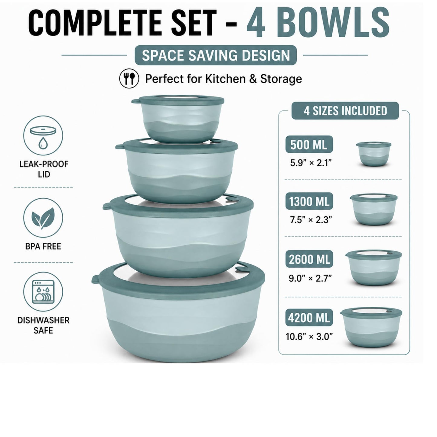 Fizu Home Pera Airtight Mixing Bowls with Lids, 8-Piece BPA-Free Nesting Prep Bowl Set for Kitchen & Food Prep, Large 4200ml Capacity, Microwave & Dishwasher Safe