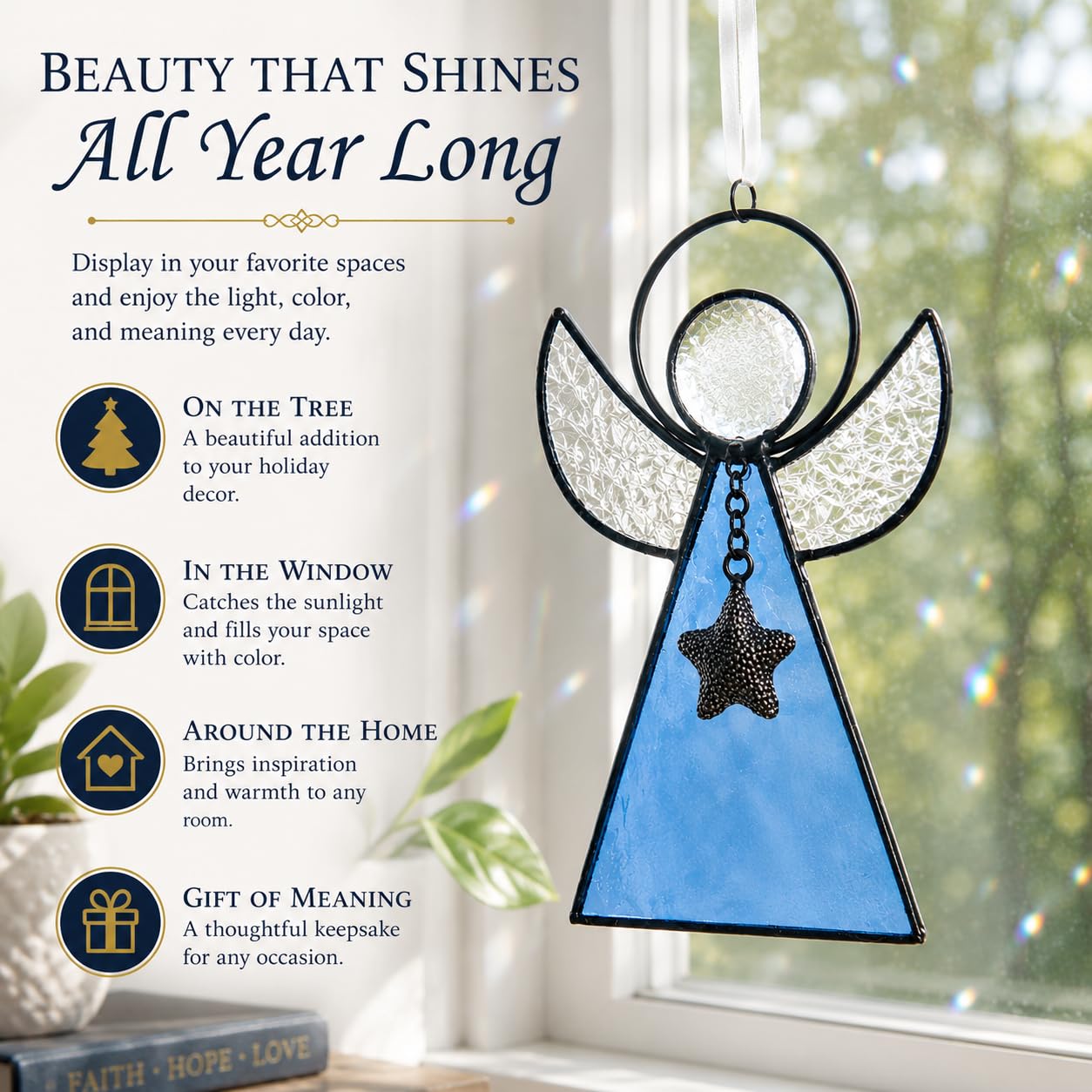Blue Stained Glass Angel Ornament, Memorial & Guardian Angel Gift