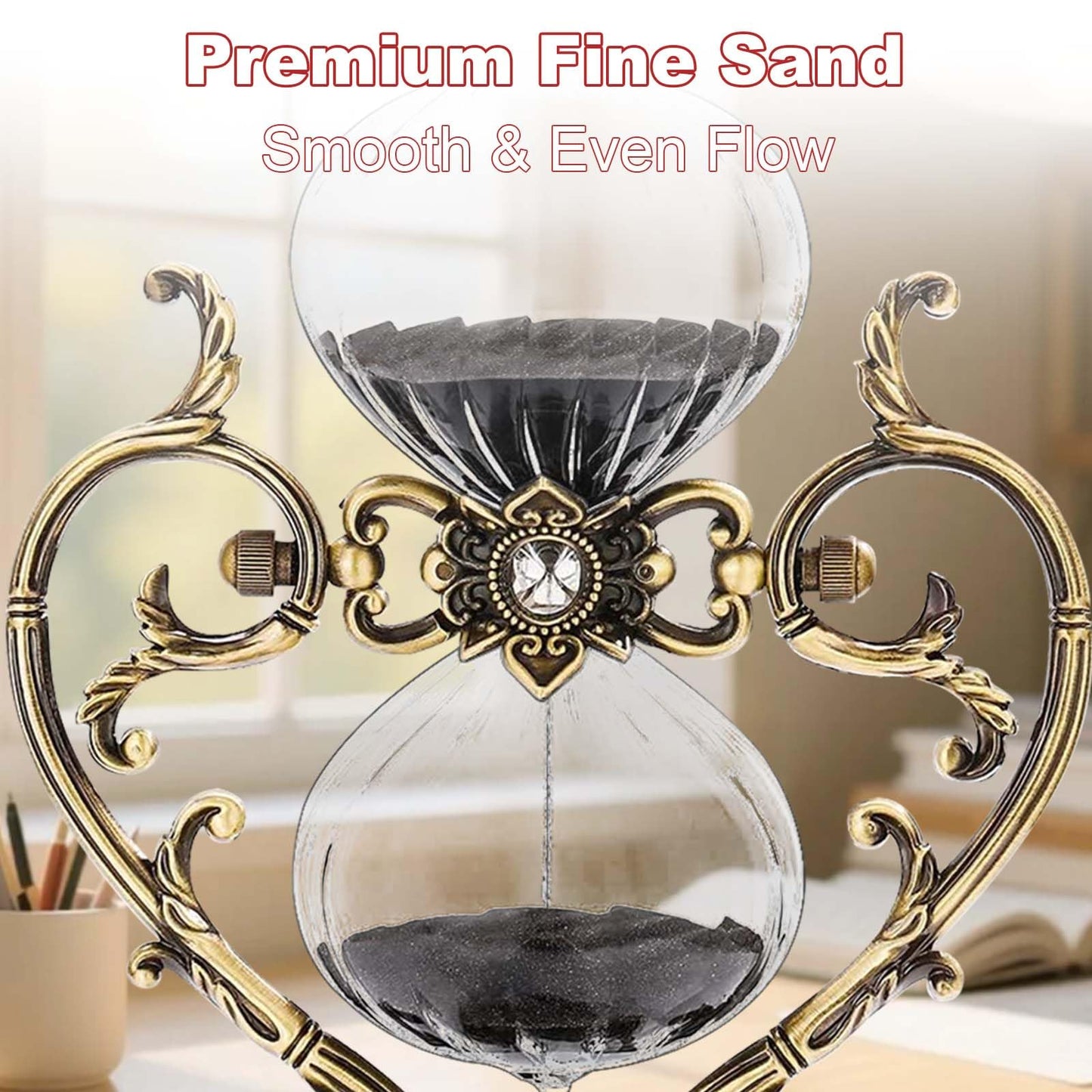 60 Minute Hourglass Timer, Vintage Engraving Large Rotating Sand Timer Clock, Unique SandWatch 60 Min, Antique Brass 1 Hour Glass Sandglass for Home, Desk, Office (Black)