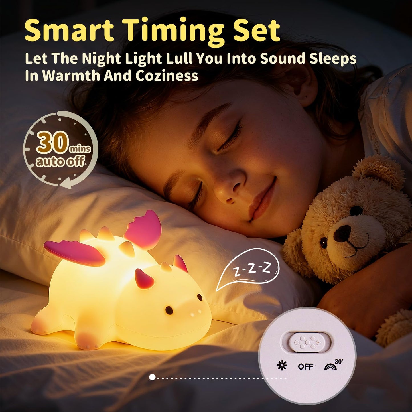 Myzztek Dinosaur Lamp Pink for Kids Room, Pat Control Dragon Light for Breastfeeding, Silicone Night Light Nursery Bedside Lamp, Rechargeable Pat Light w/RGB Mode for Bedrooms/Living Room/Decor/Gift