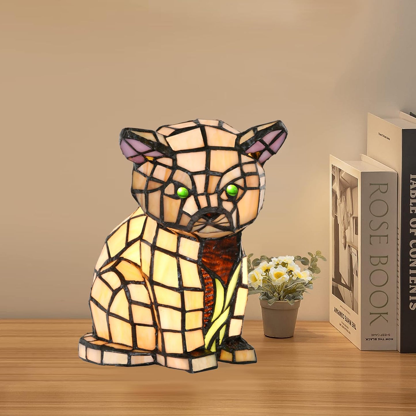 HomeBeauty A0006 Tiffany Lovely Cat Table Lamp Handmade Stained Glass Animal Night Light, 5.5" W x 8" H Accent Lamp for Living Room Bedroom Home Decoration, Bulb Included