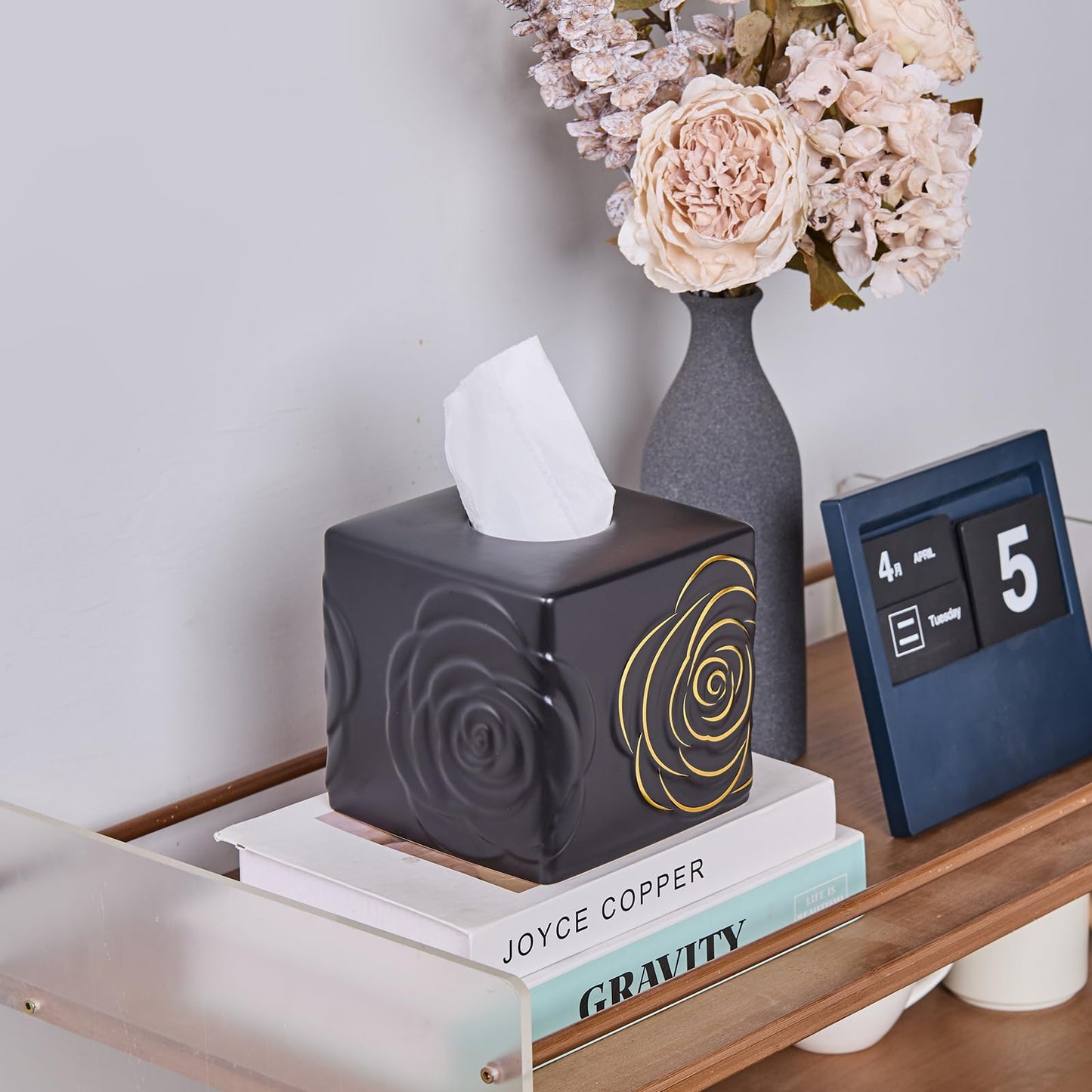 Black Ceramic Cube Tissue Box Cover with Gold Rose – Large Elegant Rose Floral Square Decorative Tissue Box Holder for Bathroom, Bedroom, Office Desk, Kitchen Counter – Perfect Housewarming Gift