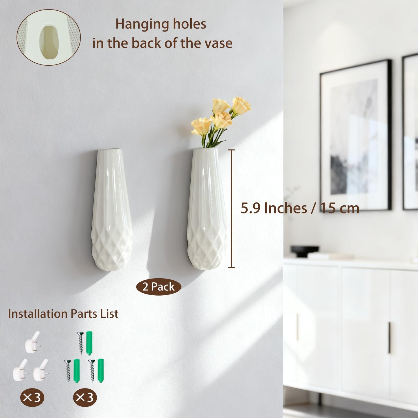 DOCFLVAS Wall Ceramic Vase — 2 Pack Textured Matte White Hanging Vase | Modern Minimalist Ceramic Wall-Mounted Vase for Single Stems & Dried Flowers