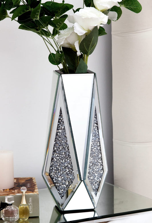 SHYFOY Crushed Diamond Flower Mirror Vase Silver Crystal Glass Vase Mirrored Decorative Flower Vases for Living Room Home Decor, 12" H, Can’t Hold Water
