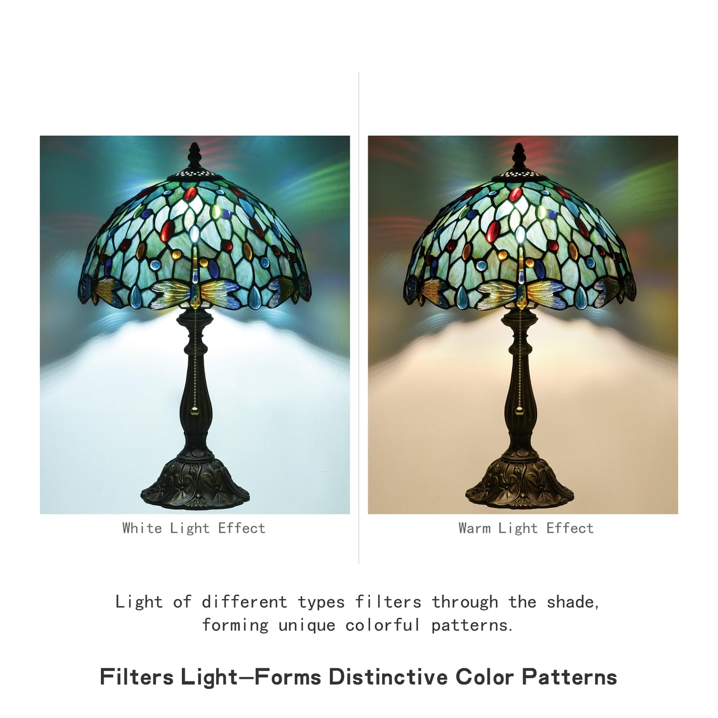 Msrzuds Tiffany Style Stained Glass Table Lamp 12-inch Dia Ocean Blue Dragonfly Design Lampshade Vintage Nightstand Light for Bedroom Dorm Living Hallway Cottage Office Cafe Ceremony Housewarming Gift