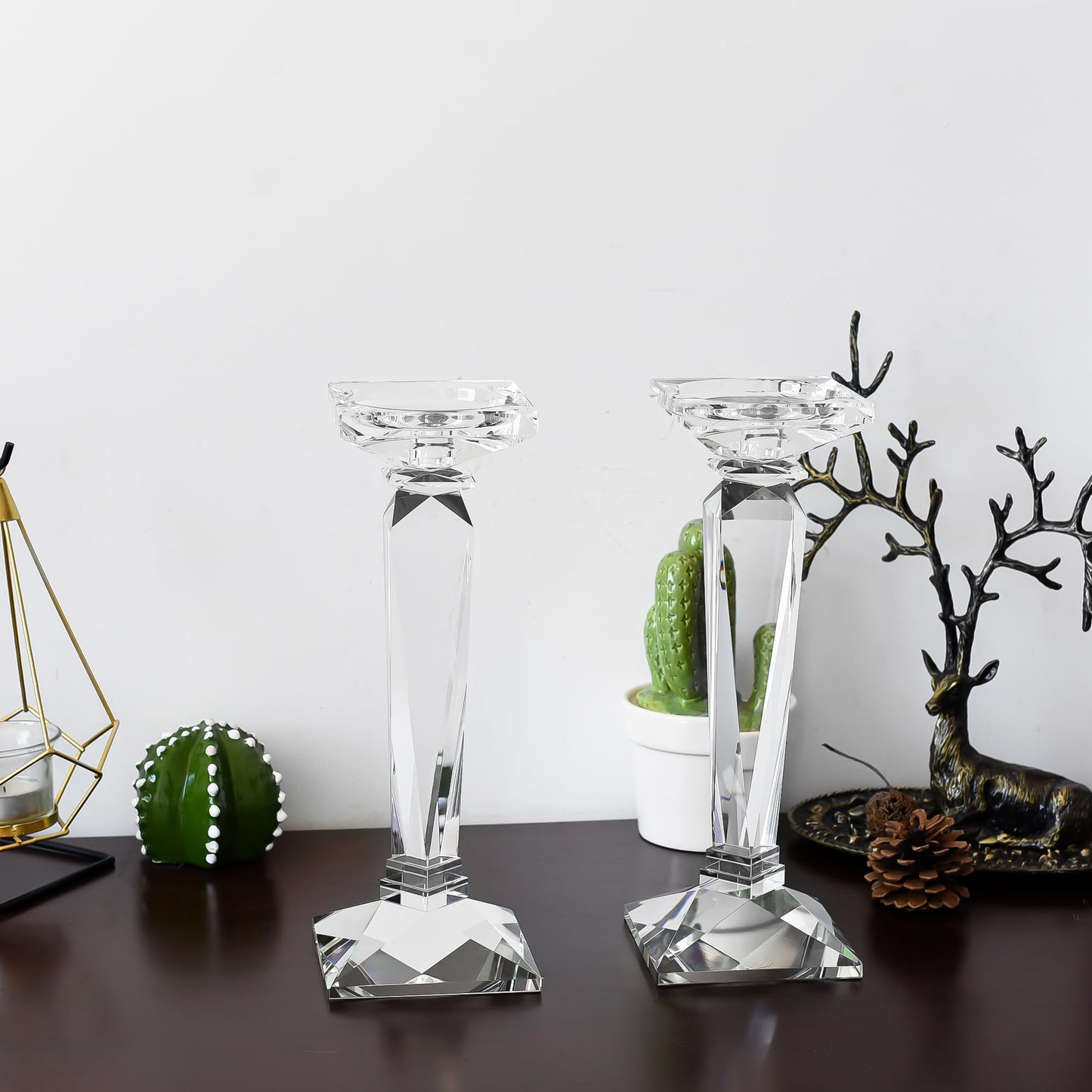 DONOUCLS 2-Pack Crystal Candlestick Holders, Clear Crystal Taper/Pillar Candles Holders,Table Centerpiece Home Decorative Candle Holders for Wedding, Dining, Party(10.6in Tall)