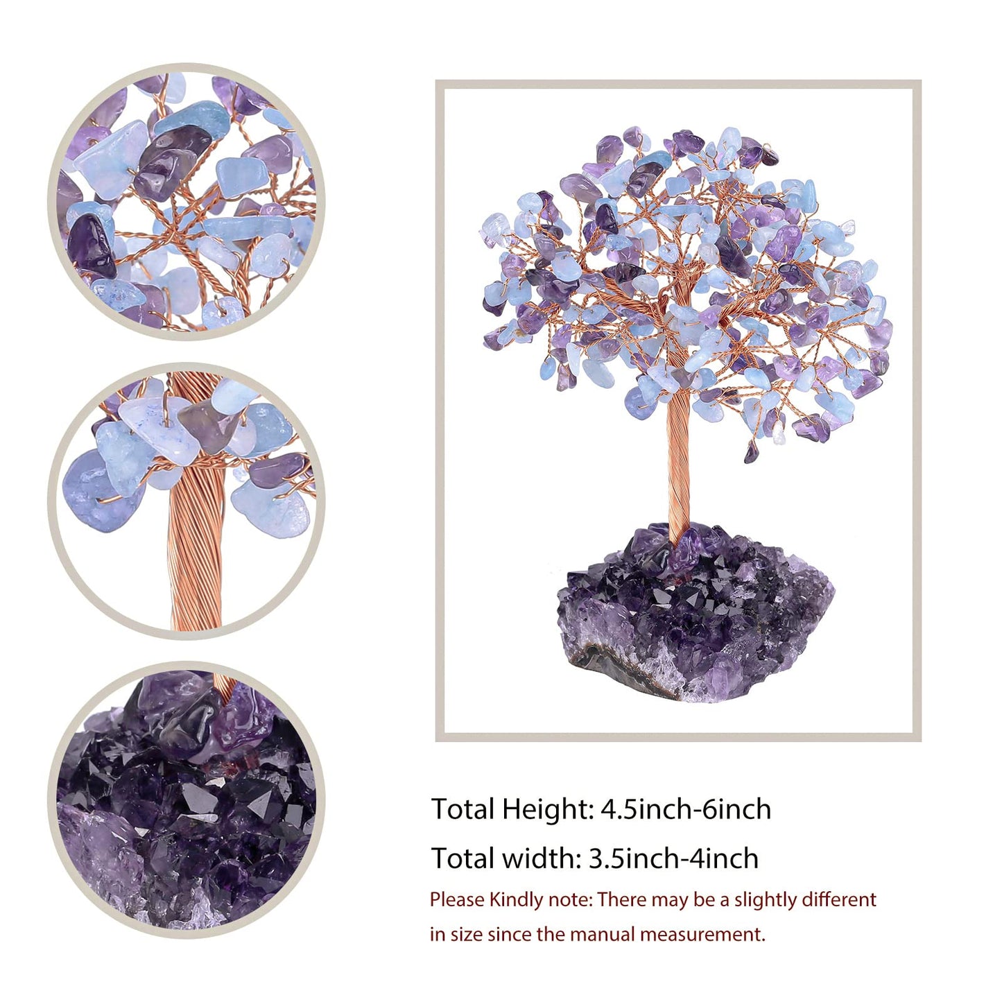 Cheungshing Healing Crystals Money Tree with Natural Amethyst Base, Crystal Stone Feng Shui Bonsai Figurines Tree of Life Decoration for Home Table Office, Amethyst & Aquamarine