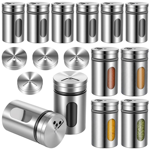 12 PCS Stainless Steel Salt and Pepper Shakers Set with Adjustable Pour Holes and Glass Window Seasoning Shakers with Rotating Lid Spice Dispenser Shaker for Seasoning, Sugar, Cinnamon, Home Kitchen