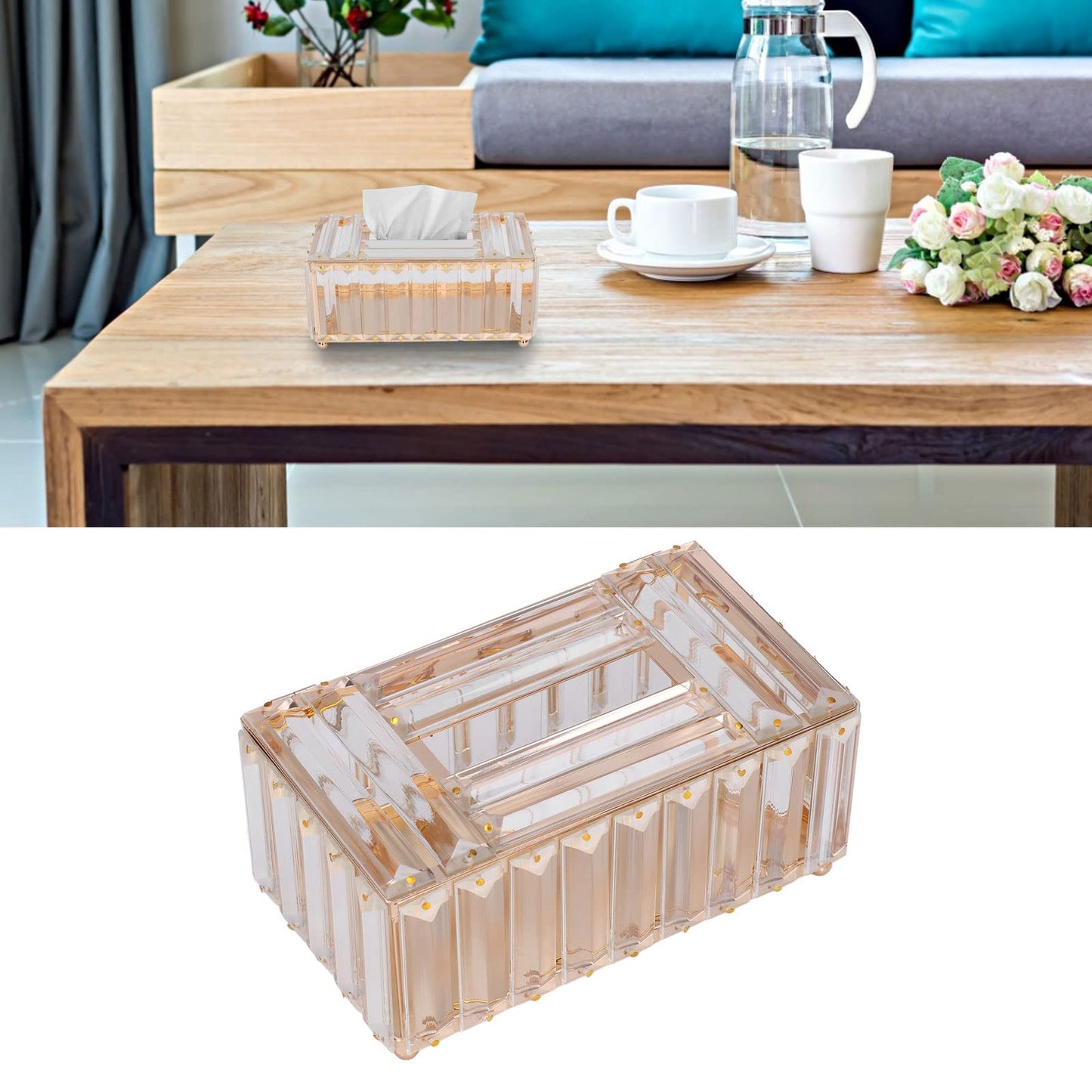Tissue Box Cover, Gold Glass Tissue Box Holder Rectangular Tissue Case Decorative Napkin Organizer Dryer Sheet Dispenser for Bathroom Night Stand Office Car